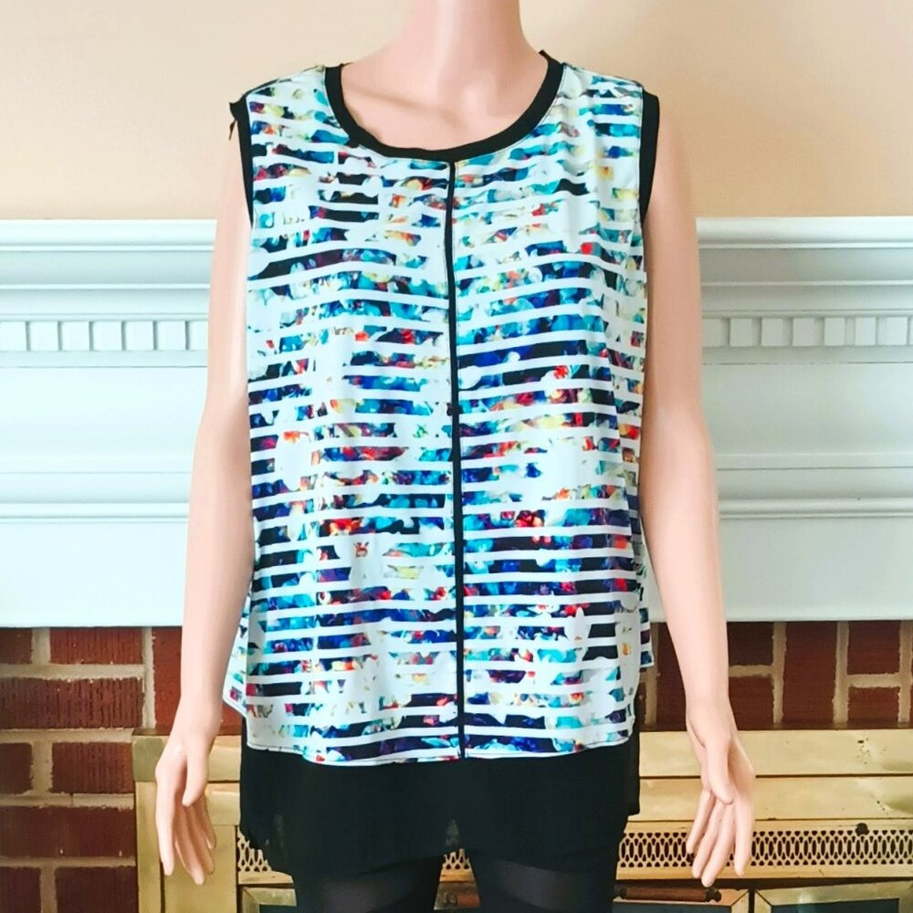 Women's Sheer Floral Layered Blouse 2X Multicolor Sleeveless Tiered Stretch